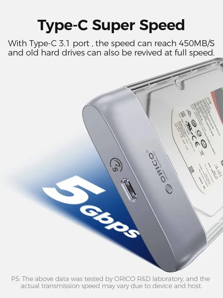 Orico външна кутия за диск Storage - Case - 2.5 inch 5Gbps USB-C Transparent - TX25C3-GY-BP