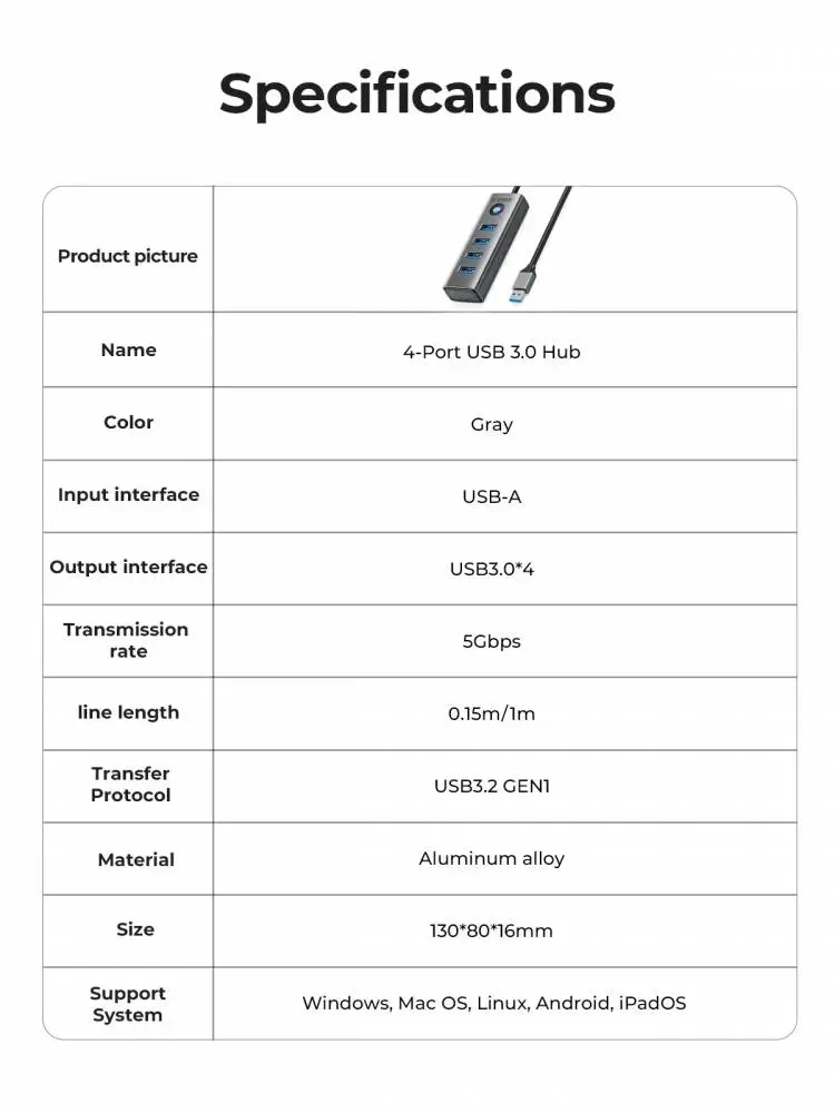 Orico хъб HUB USB3.0 4 port, Aluminium, Grey - PDD4U-U3-015-GY