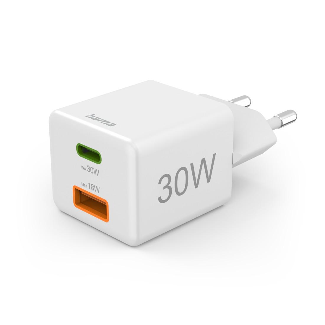 HAMA Chargeur mini Gan rapide, 30 W, 1x USB-C, 1x USB-A, PD, blanc