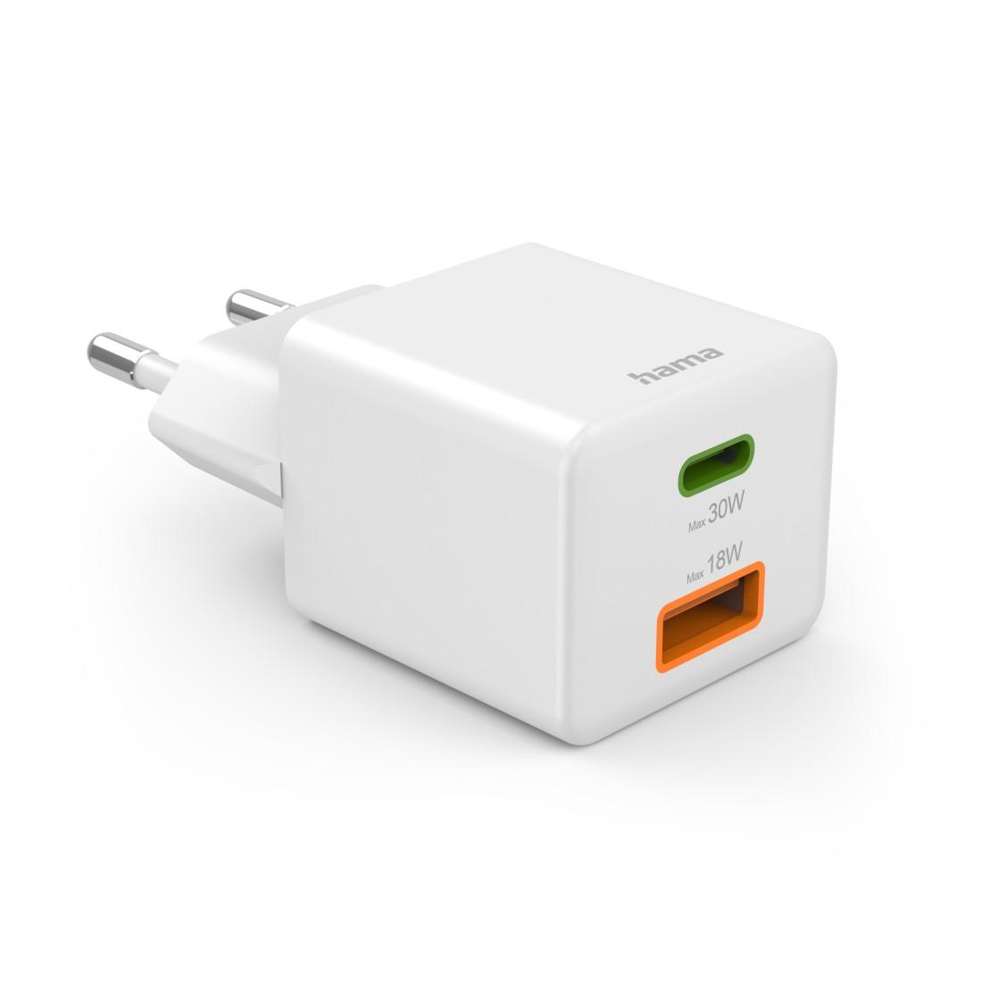 HAMA Chargeur mini Gan rapide, 30 W, 1x USB-C, 1x USB-A, PD, blanc