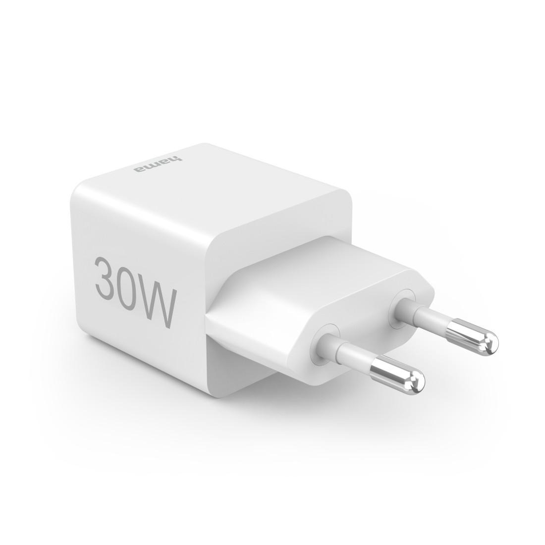 HAMA Chargeur mini Gan rapide, 30 W, 1x USB-C, 1x USB-A, PD, blanc