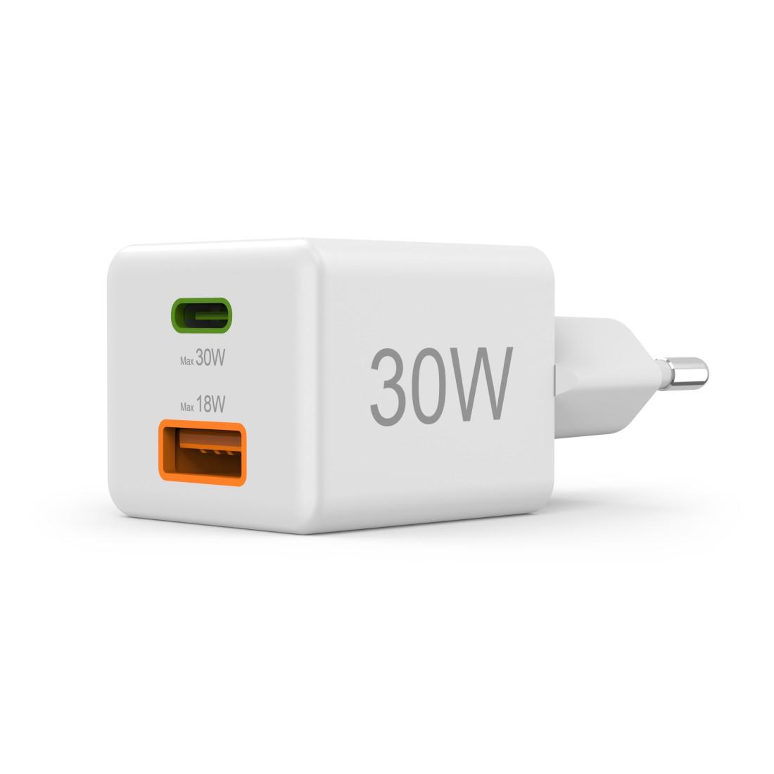 HAMA Chargeur mini Gan rapide, 30 W, 1x USB-C, 1x USB-A, PD, blanc