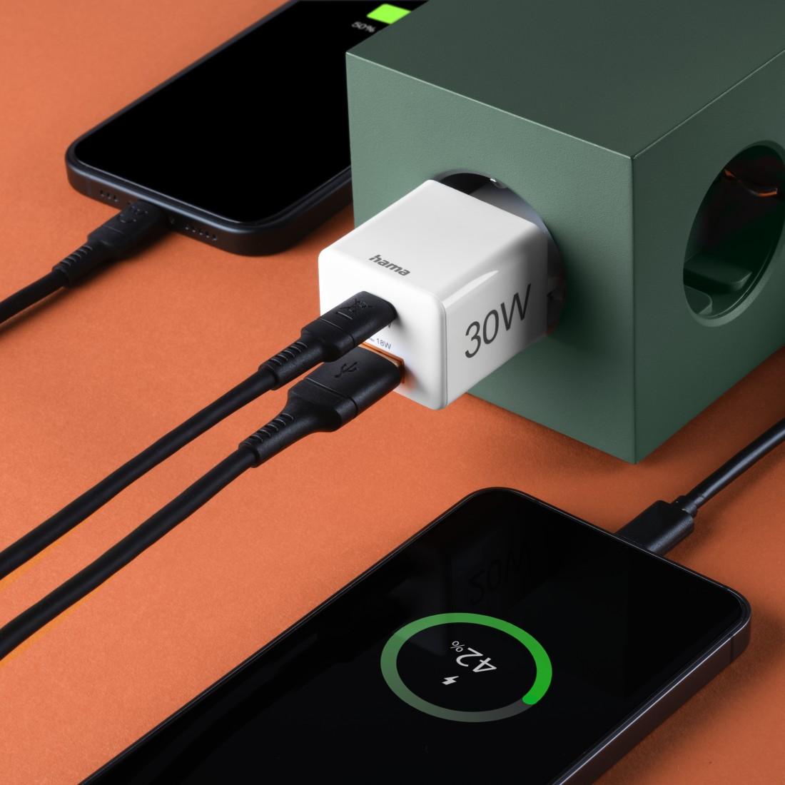 HAMA Chargeur mini Gan rapide, 30 W, 1x USB-C, 1x USB-A, PD, blanc