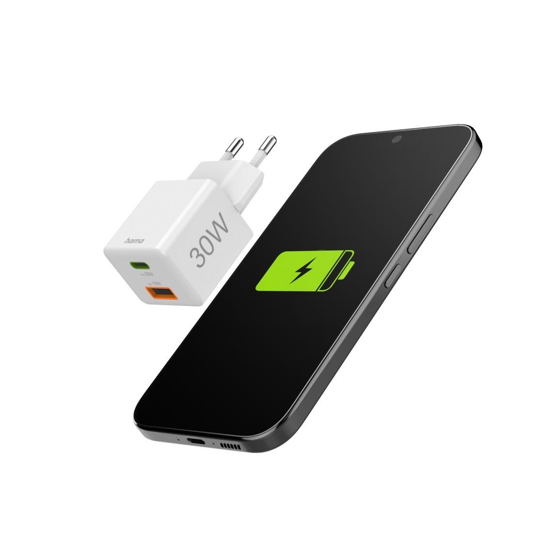 HAMA Chargeur mini Gan rapide, 30 W, 1x USB-C, 1x USB-A, PD, blanc