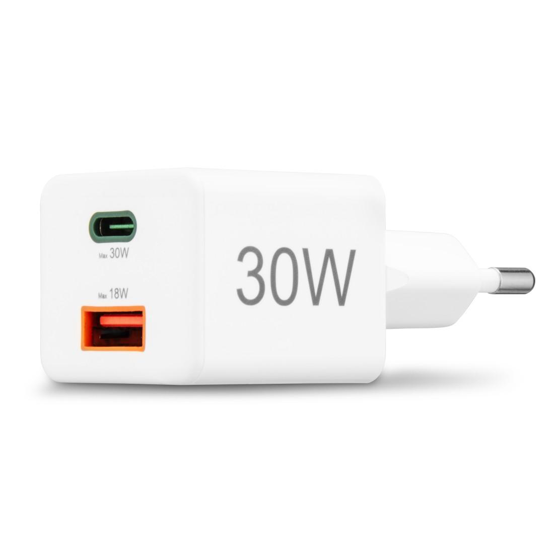 HAMA Chargeur mini Gan rapide, 30 W, 1x USB-C, 1x USB-A, PD, blanc