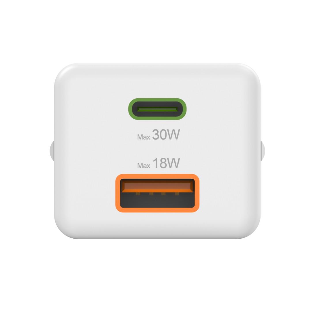 HAMA Chargeur mini Gan rapide, 30 W, 1x USB-C, 1x USB-A, PD, blanc
