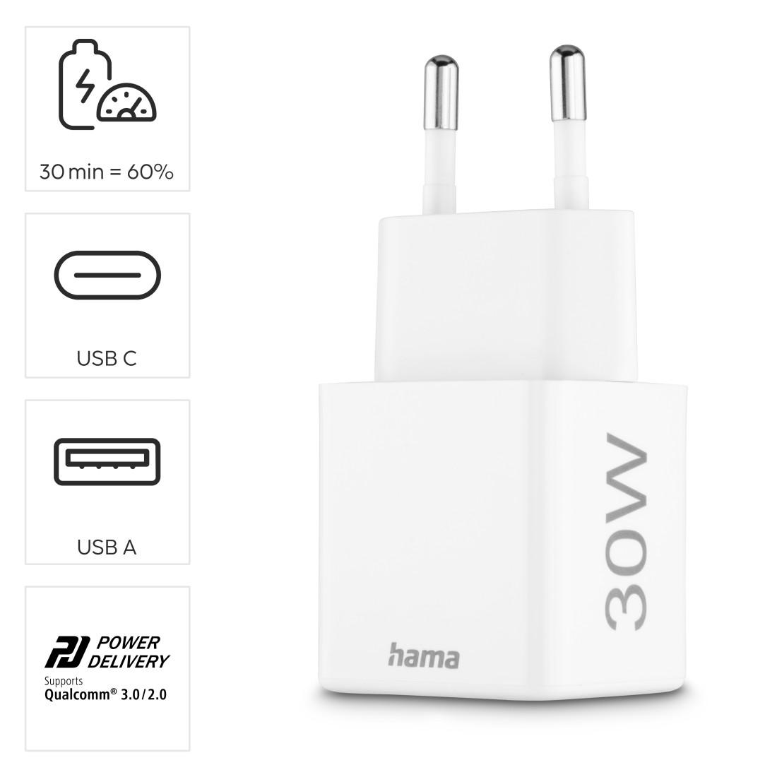 HAMA Chargeur mini Gan rapide, 30 W, 1x USB-C, 1x USB-A, PD, blanc