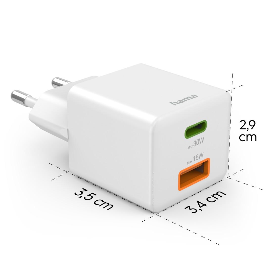 HAMA Chargeur mini Gan rapide, 30 W, 1x USB-C, 1x USB-A, PD, blanc