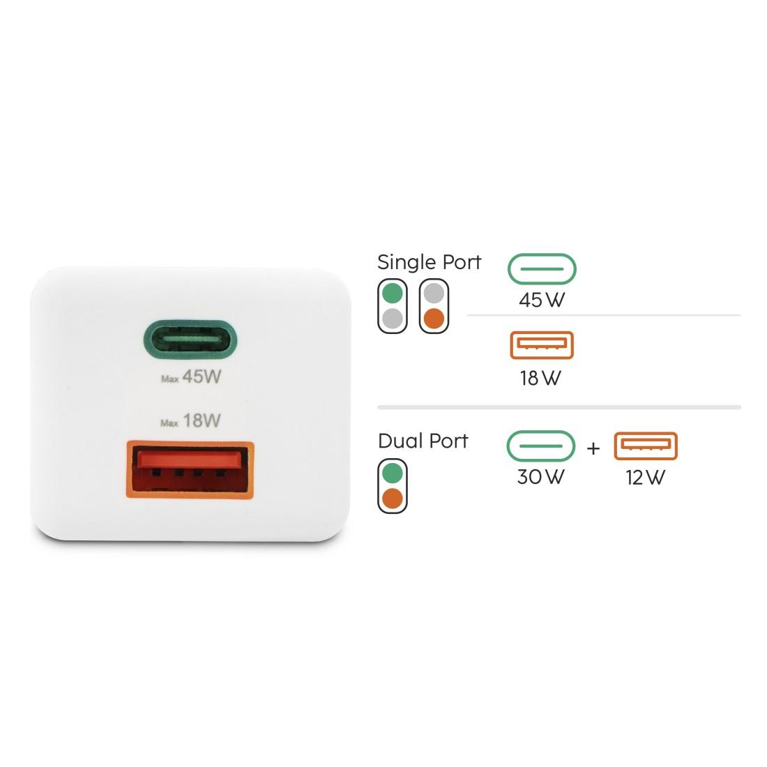 HAMA Бързо мини зарядно, 45 W, 1x USB-C - 1x USB-A, PD, бяло