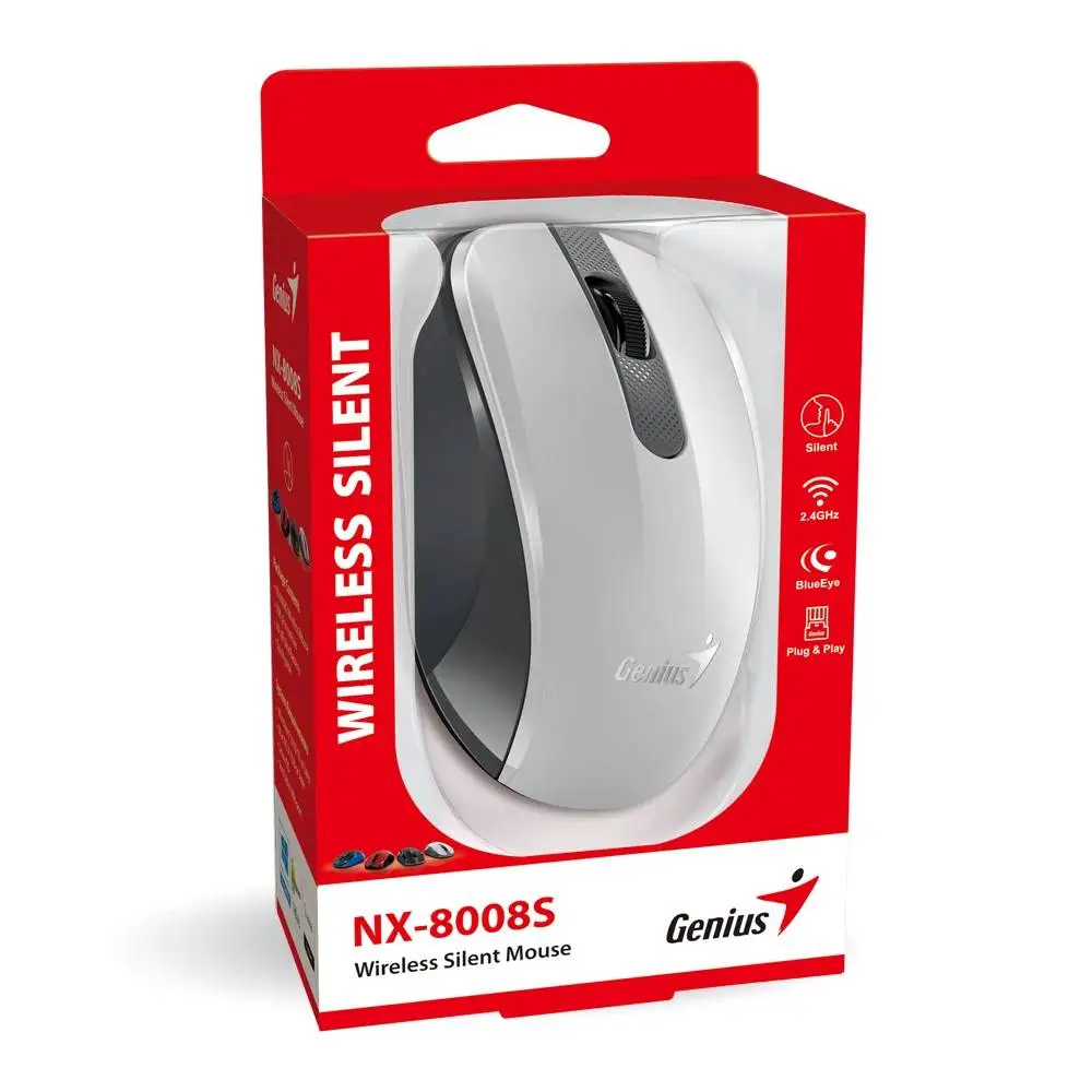 Genius безжина безшумна мишка Wireless Silent Mouse - NX-8008S White+Gray - Silent, 2.4GHz