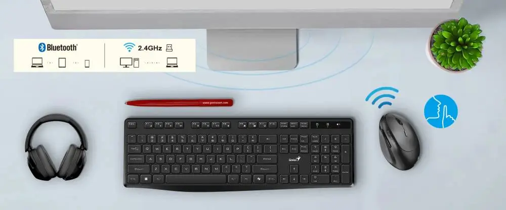 Genius вертикална безжична мишка Vertical Mouse wireless Ergo 8350S - Silent, AI, Bluetooth, 2.4G, Dark Grey