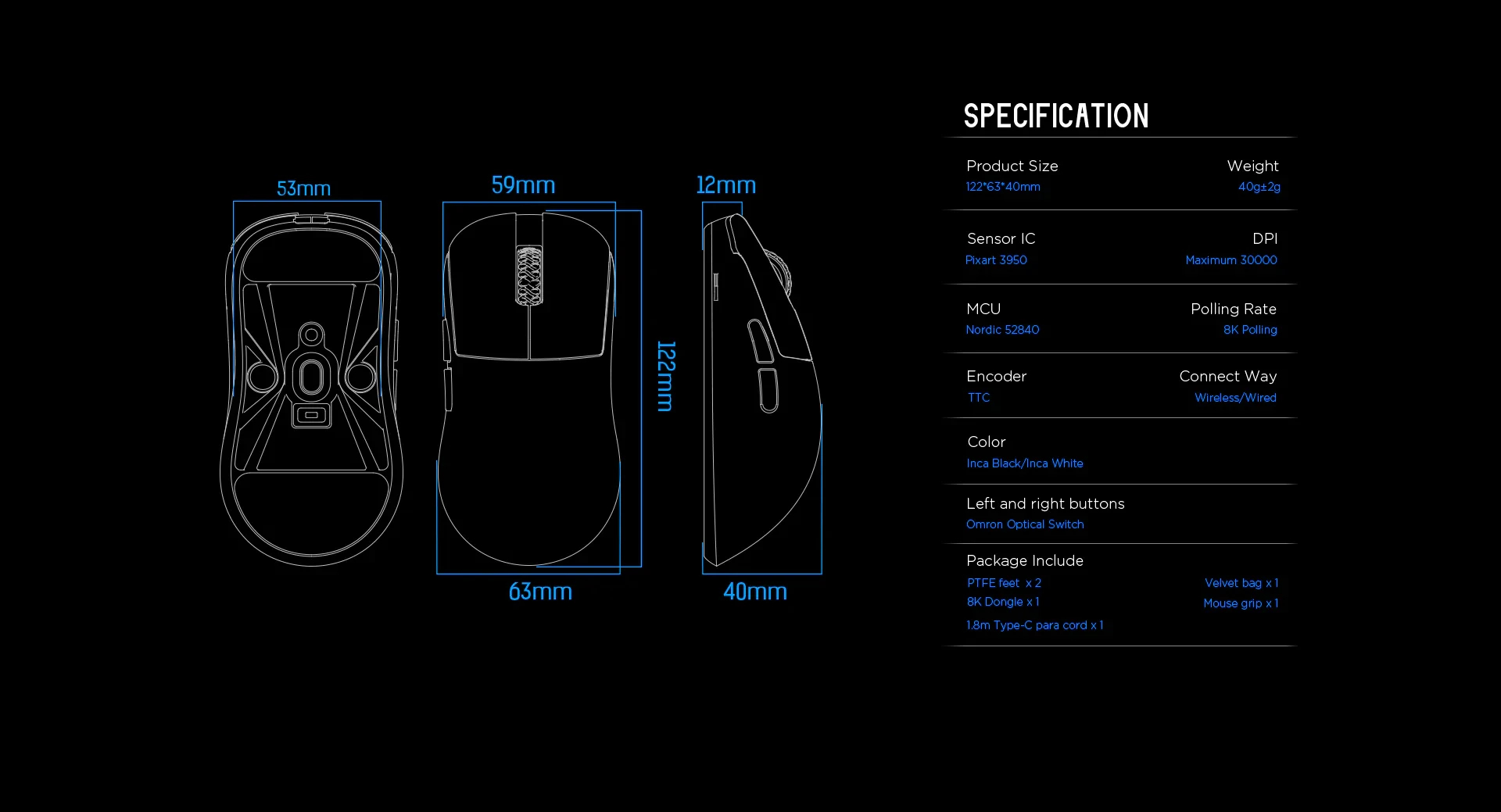 Геймърска мишка Lamzu INCA 8K - Wireless Gaming Mouse - White