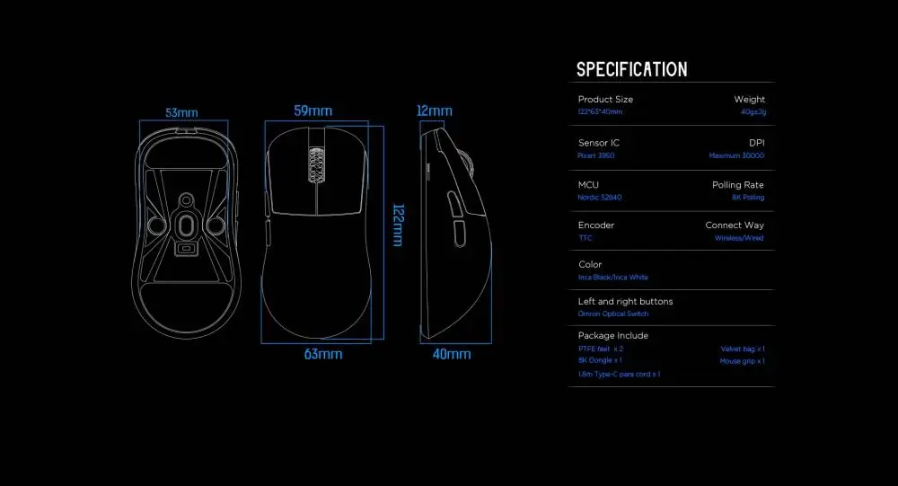 Геймърска мишка Lamzu INCA 8K - Wireless Gaming Mouse - Black