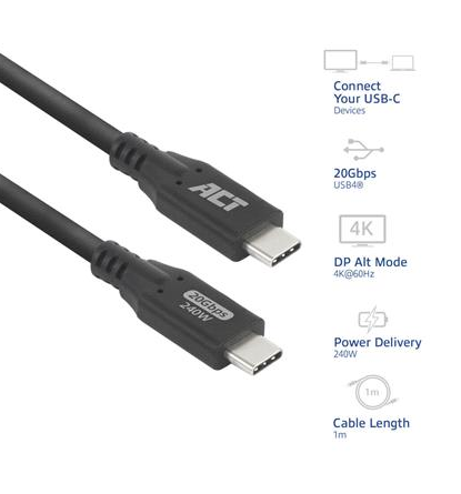 ACT Καλώδιο USB-C - USB-C, 1 μ / USB4, 20Gbps, 240W