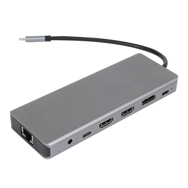 VCom докинг станция Docking Station USB-C 13-in-1 - CU4706 - HDMI x 2, DP, USB3.0 x 3, USB-C, USB2.0, RJ45, SD/TF, PD100W, Audio, L-Shape USB-C