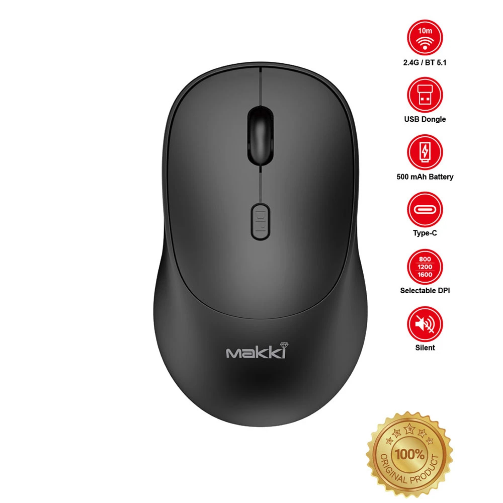 Makki беспроводная мышь Wireless Mouse MAKKI-MSX-2401 - USB-C, Бесшумная, 1600dpi, 2.4G, Bluetooth, Перезаряжаемая