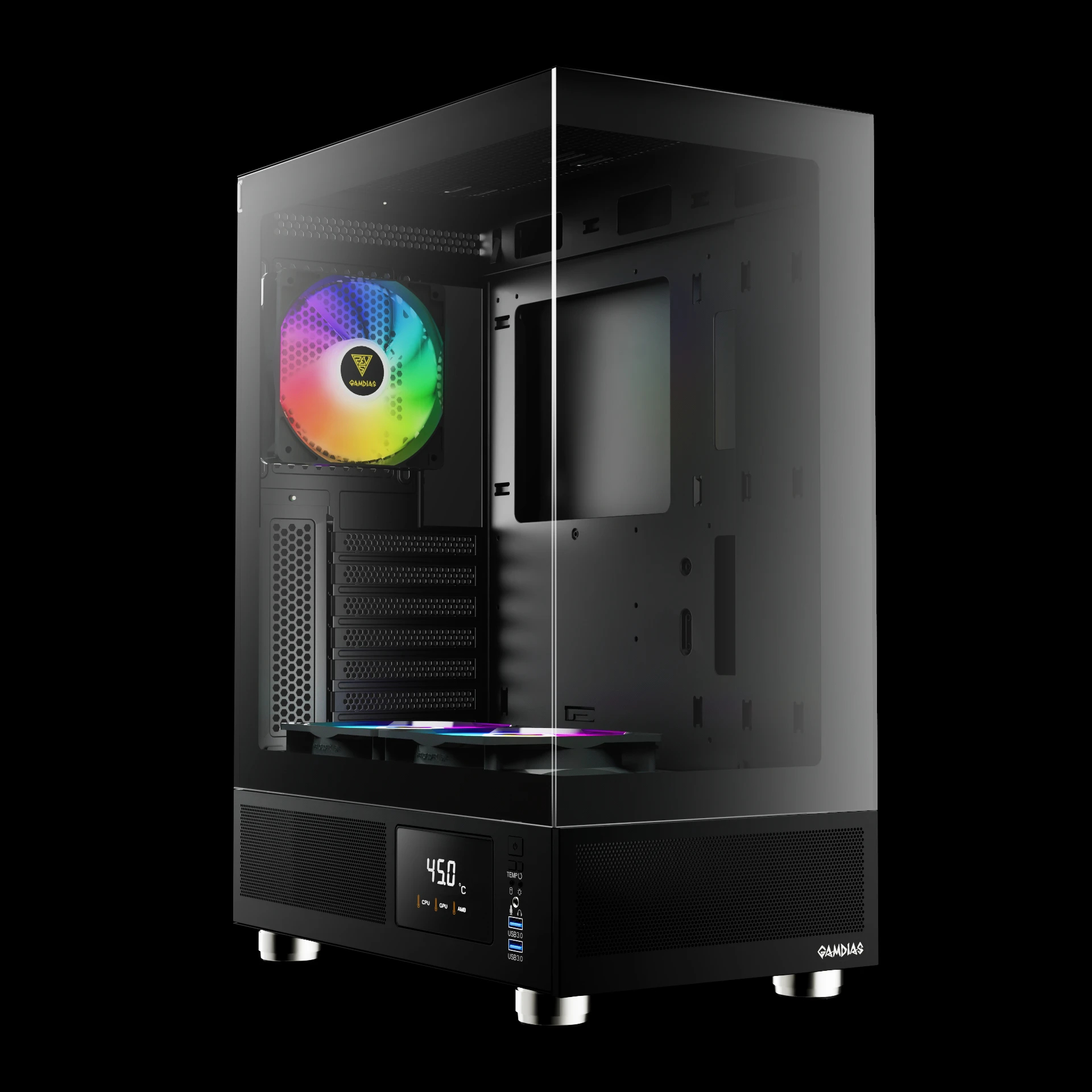 Кутия Gamdias ATLAS E1 Case ATX 3 x 120 mm A-RGB, Digital Display, Tempered Glass