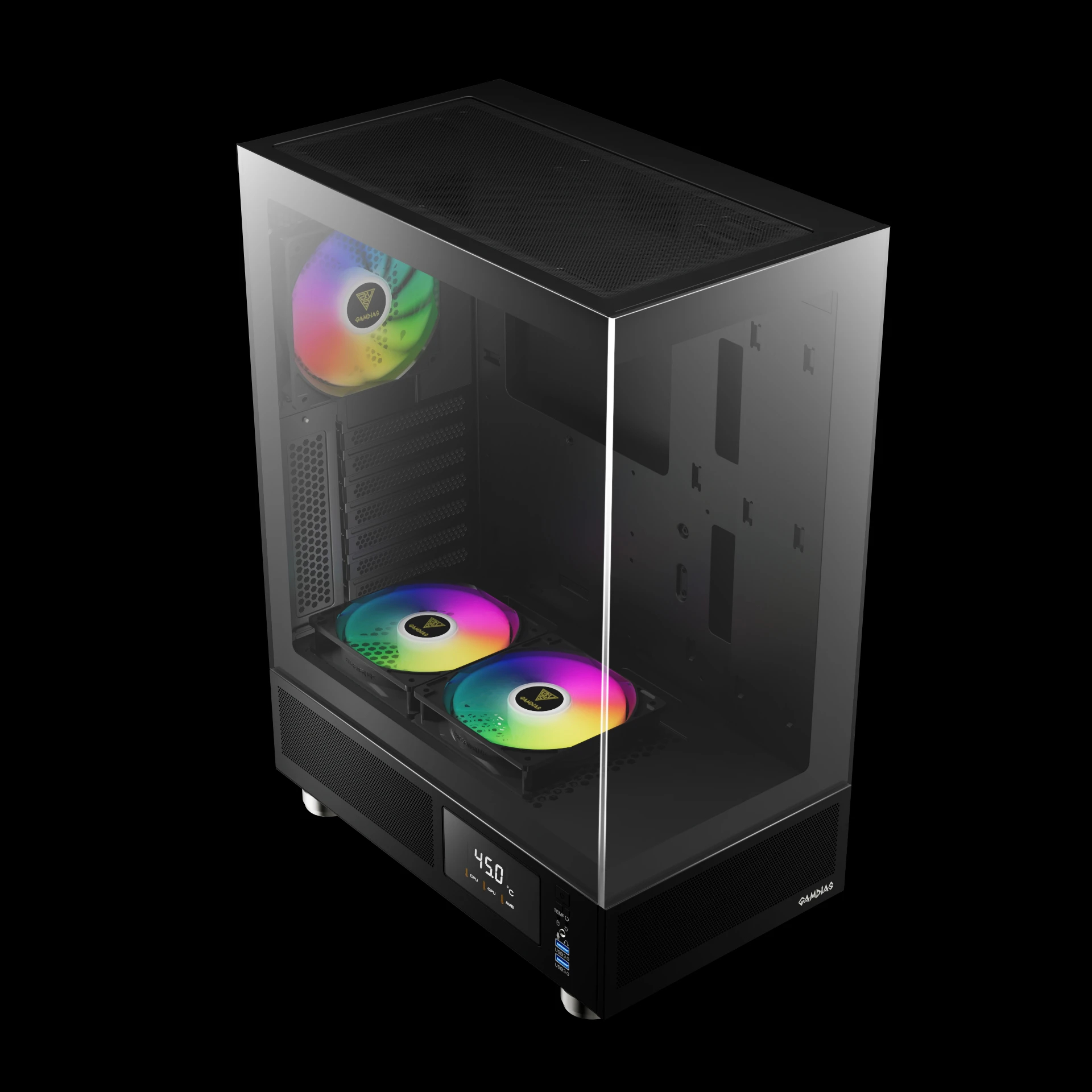 Кутия Gamdias ATLAS E1 Case ATX 3 x 120 mm A-RGB, Digital Display, Tempered Glass