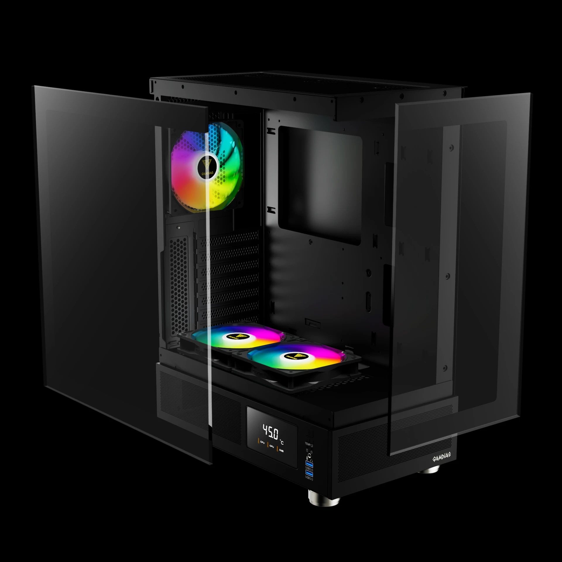 Кутия Gamdias ATLAS E1 Case ATX 3 x 120 mm A-RGB, Digital Display, Tempered Glass