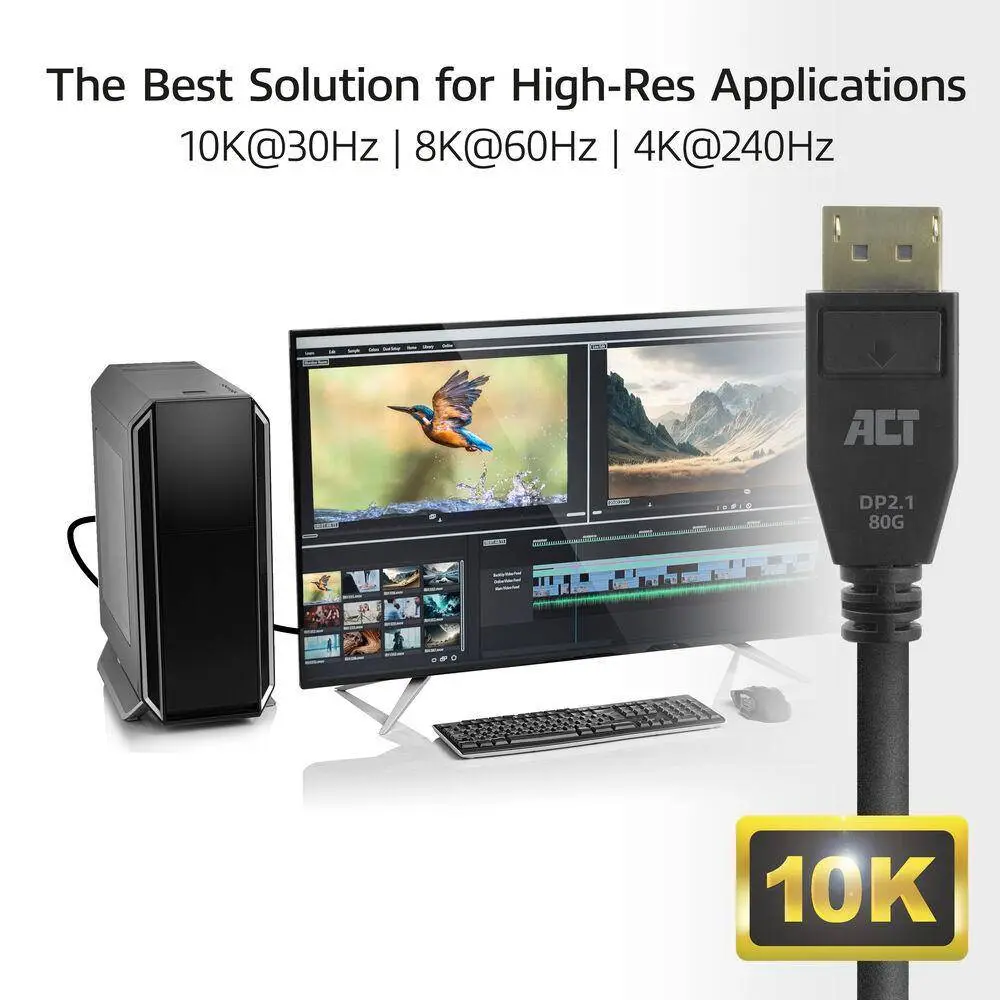 ACT Кабел Display port 2.1 мъжко-мъжко,8К@60Hz,4k@240Hz, 2м, черен
