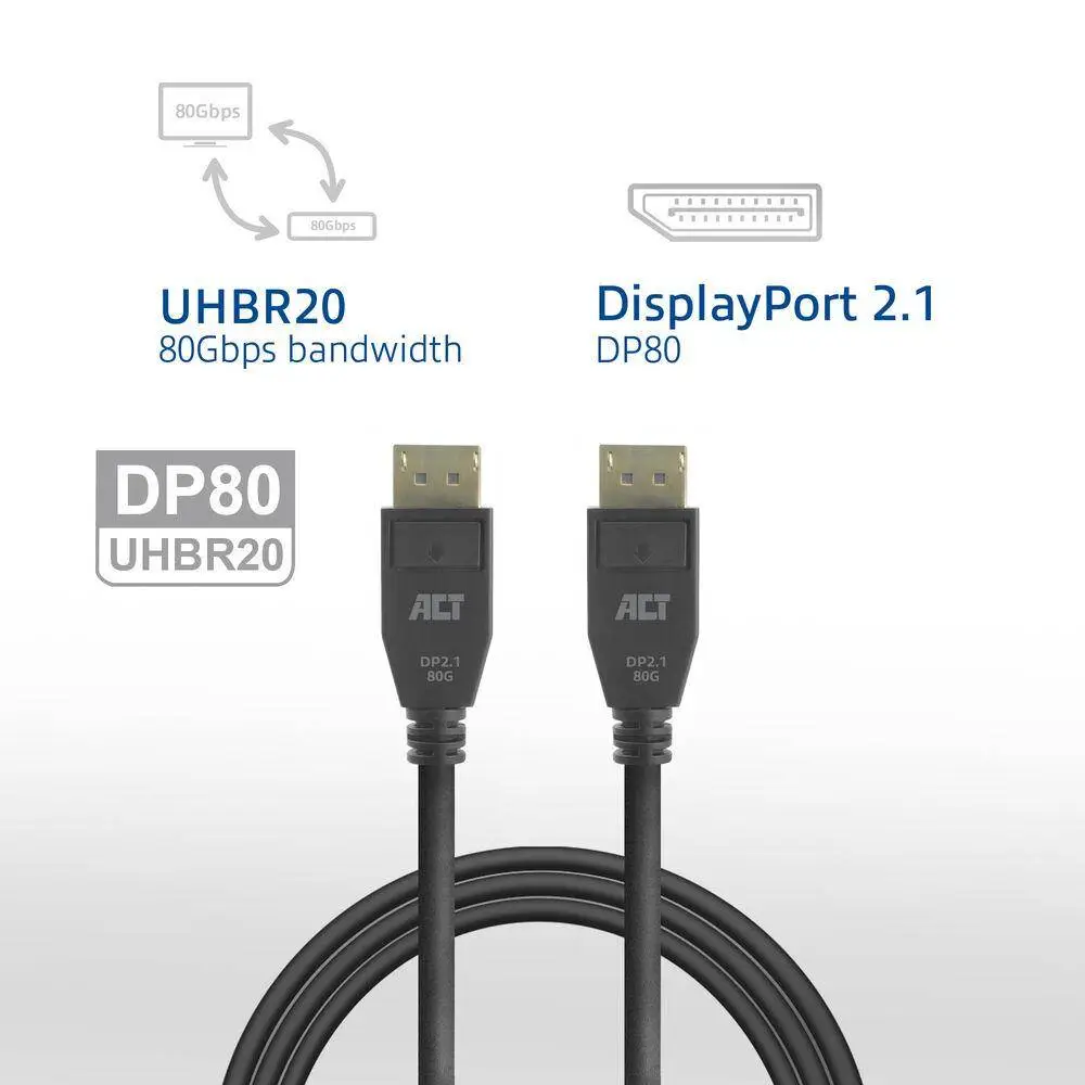 ACT Кабел Display port 2.1 мъжко-мъжко,8К@60Hz,4k@240Hz, 1м, черен