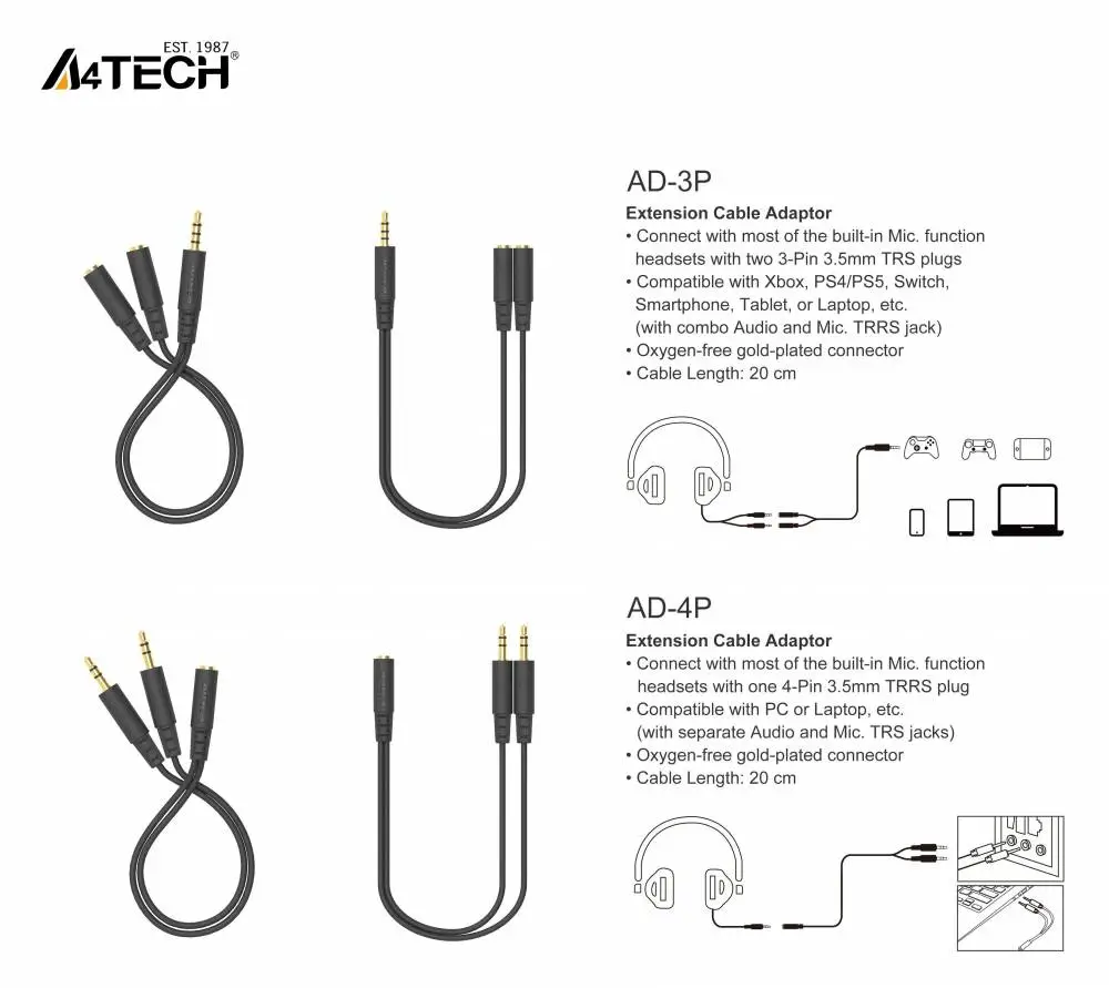 A4Tech Adaptateur 3.5 mm jack femelle - 2 x 3.5 mm jack mâle