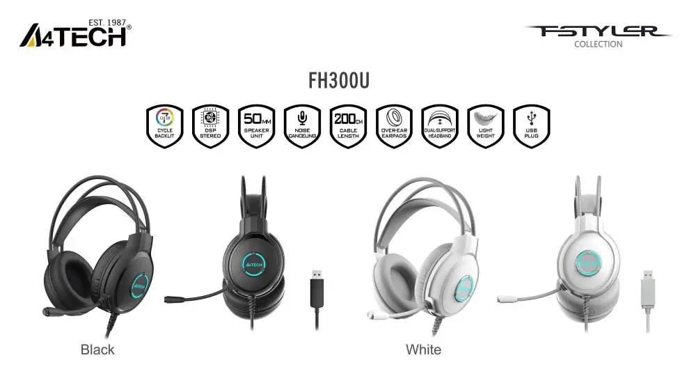 А4tech Fstyler FH300U Слушалки с микрофон USB, Noice Cancelling, бял