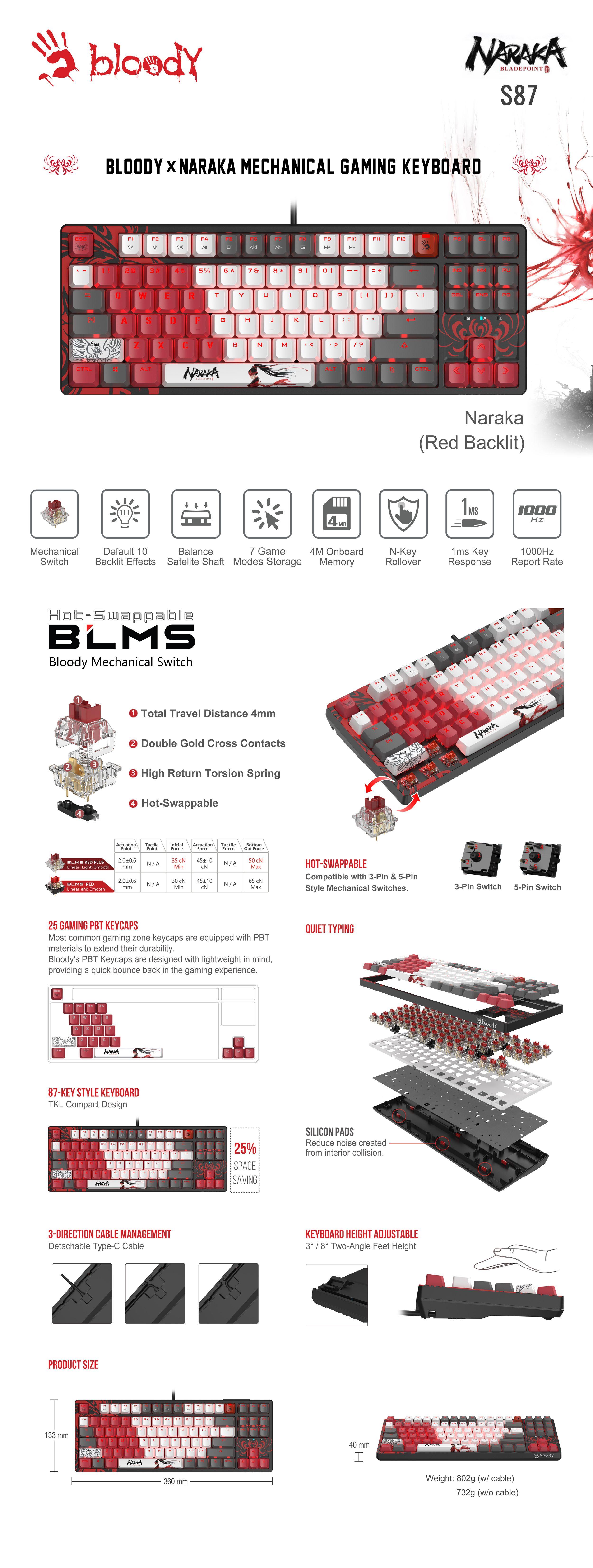 Clavier mécanique gamer Bloody Naraka S87 TKL rétroéclairé switch rouge, USB