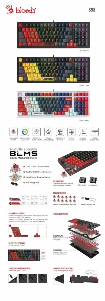 Геймърска механична клавиатура Bloody Sports Navy S98 BLMS RGB Backlit red switch , USB