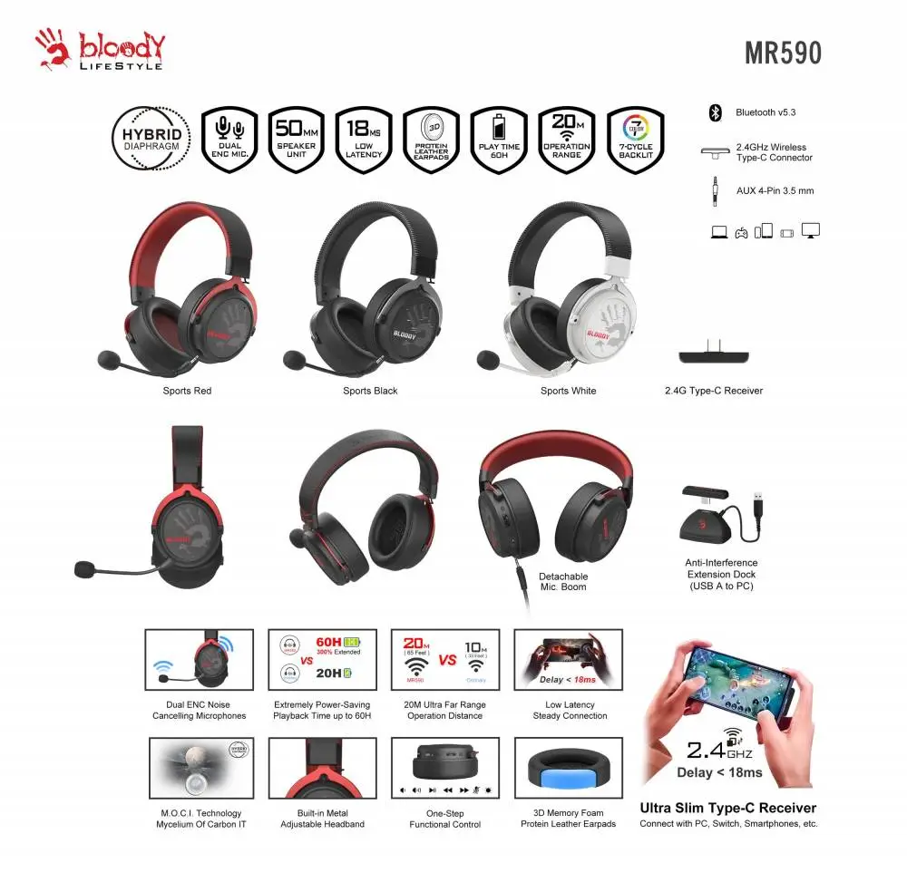 A4tech Bloody МR-590 Геймърски безжични слушалки с микрофон,Bluetooth 3.5мм жак, черен