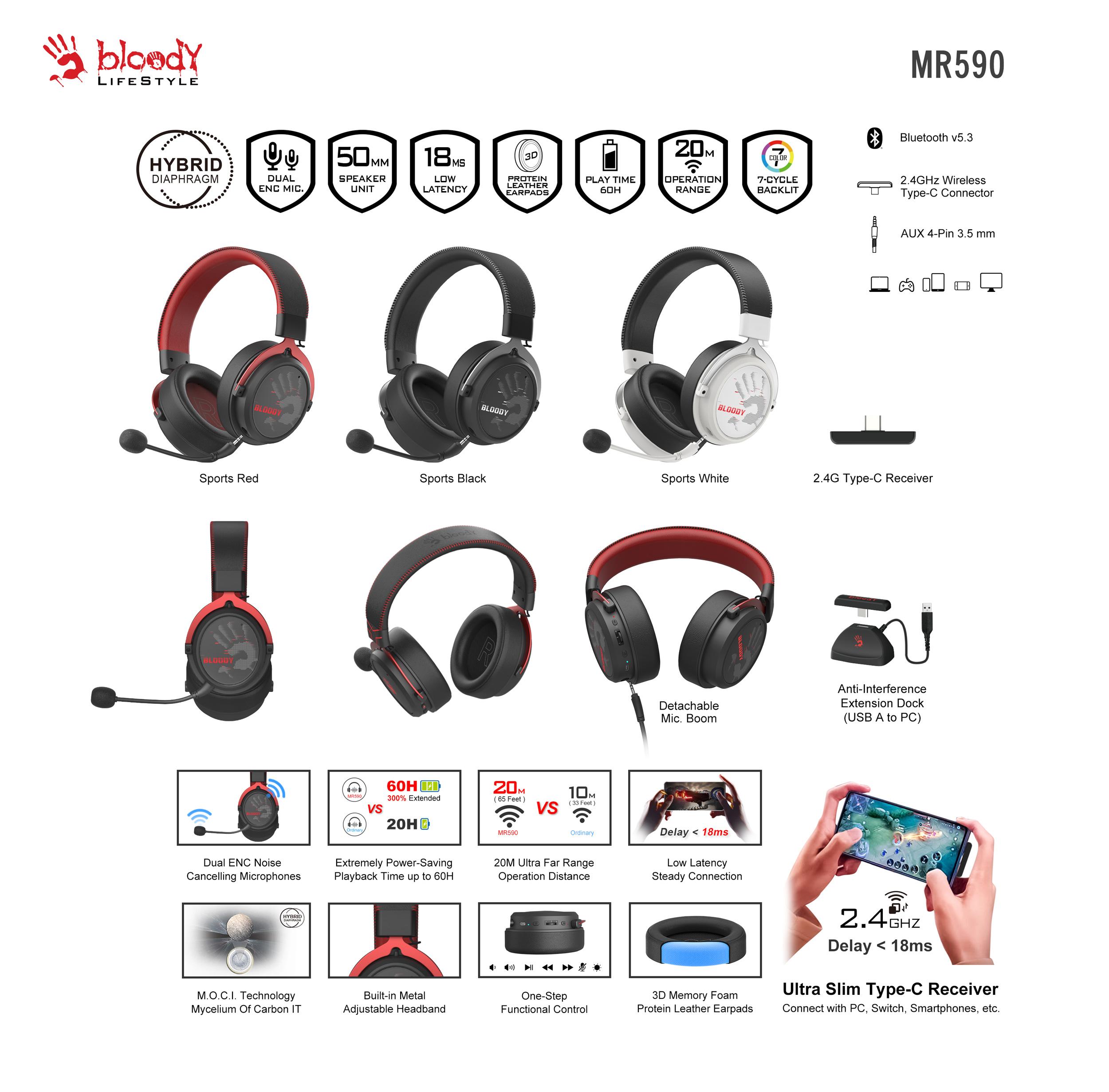 A4tech Bloody MR-590 Gaming ασύρματα ακουστικά με μικρόφωνο, Bluetooth 3.5mm jack, κόκκινα