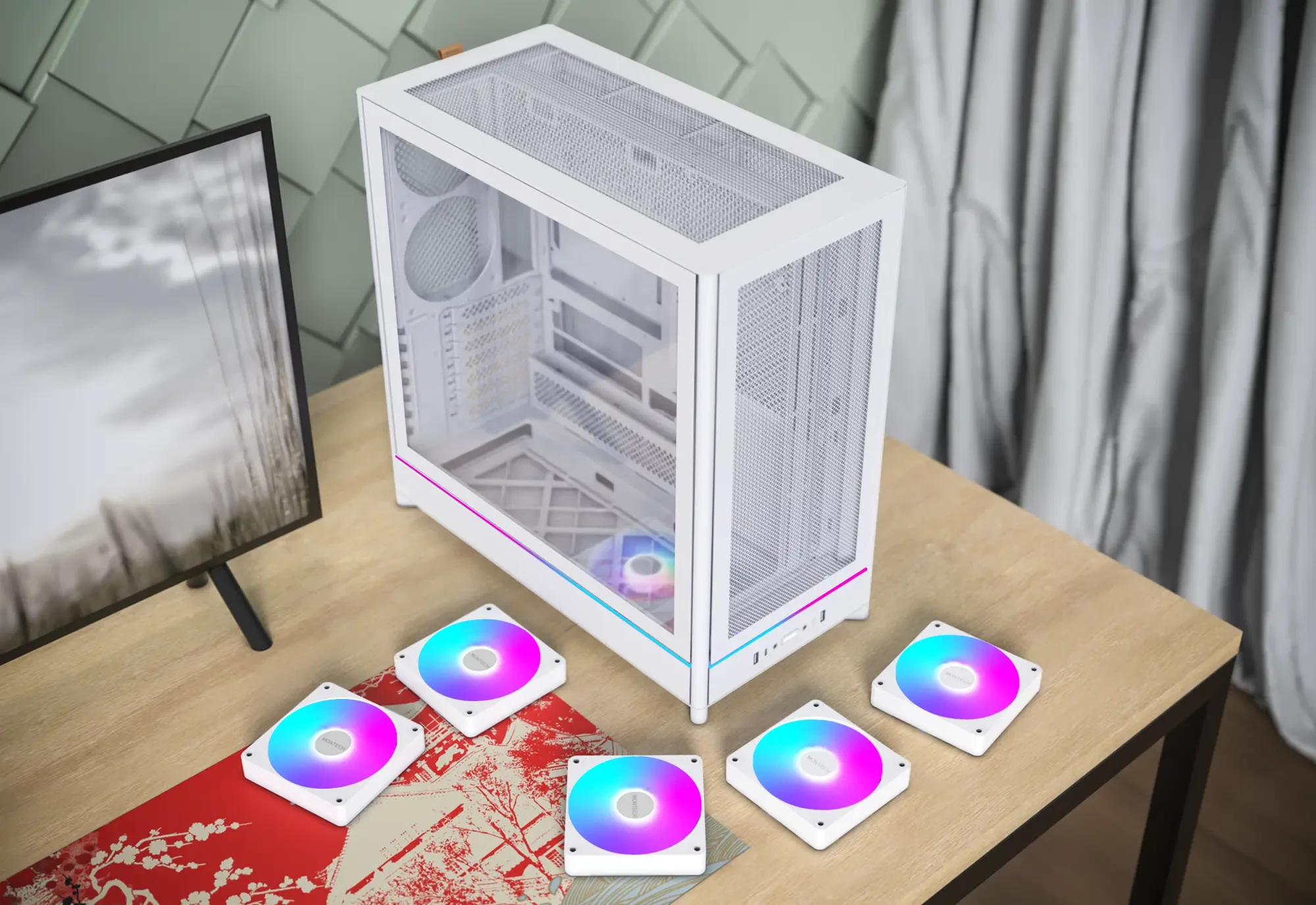 Кутия Montech HS01 PRO (W) Case ATX 5 x 120 mm ARGB Fans, USB-C, White