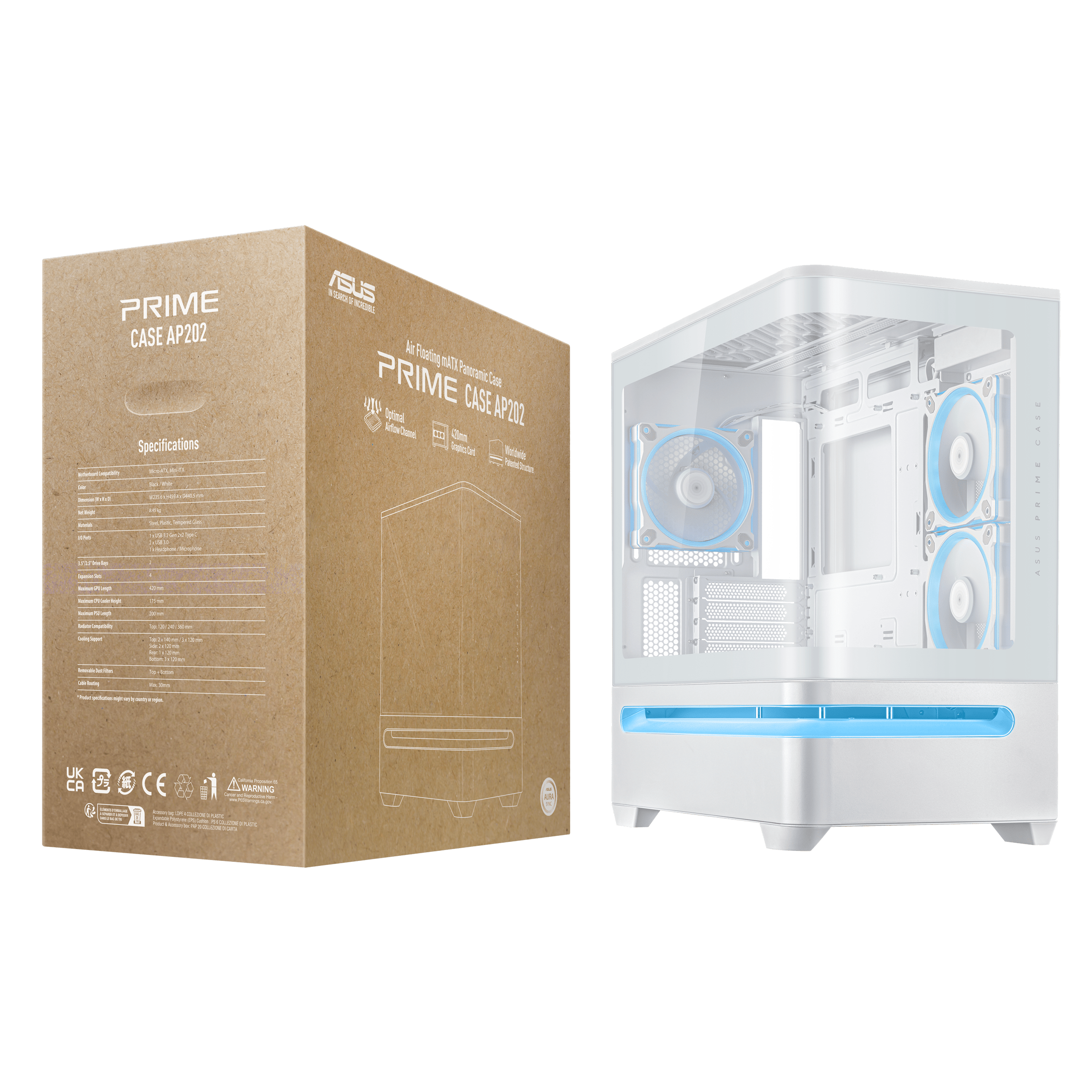 Кутия ASUS Prime AP202 ARGB mATX + 3 ARGB Вентилатора - White