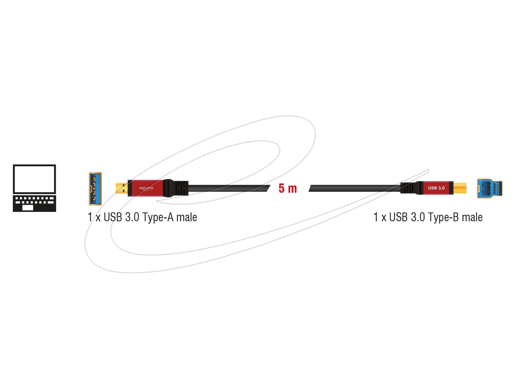Кабел Delock USB-A 3.0 5Gbps мъжко - USB-B 5Gbps мъжко, 5 м, Premium, Черен