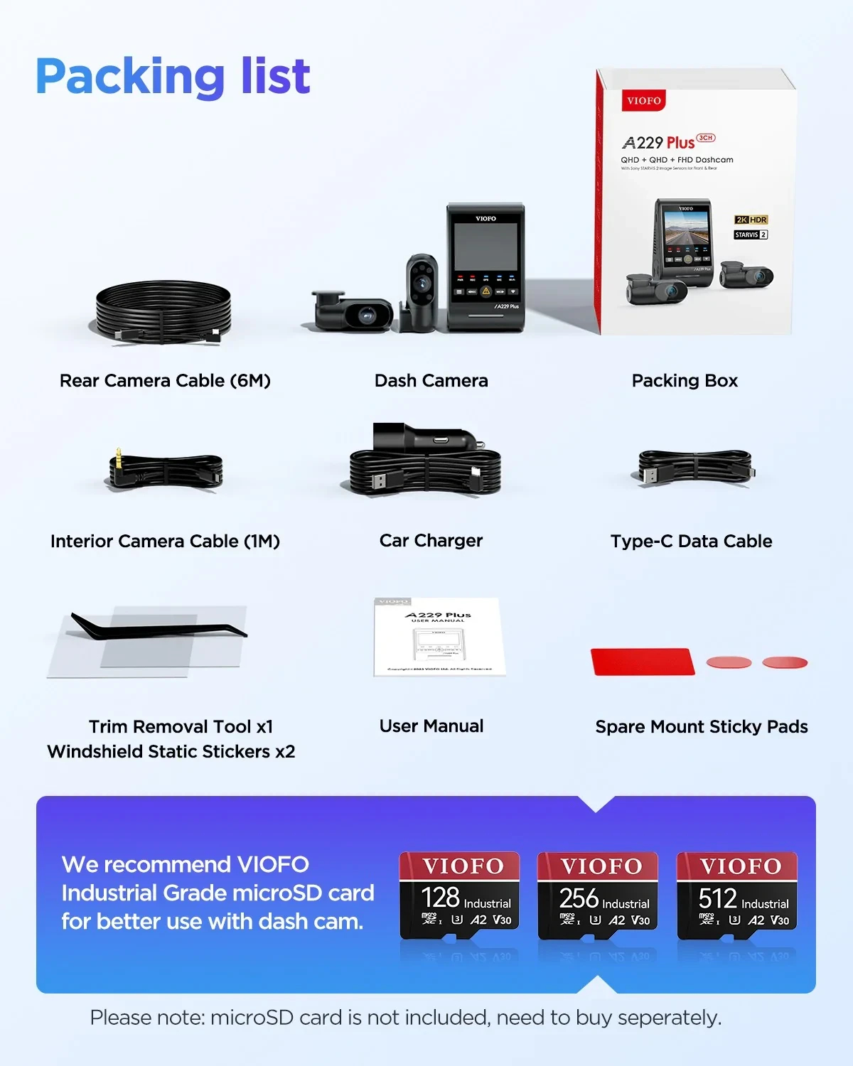 VIOFO Видеорегистратор Dash Cam A229 Plus 3 Channel - 2K, HDR, Sony STARVIS 2, GPS