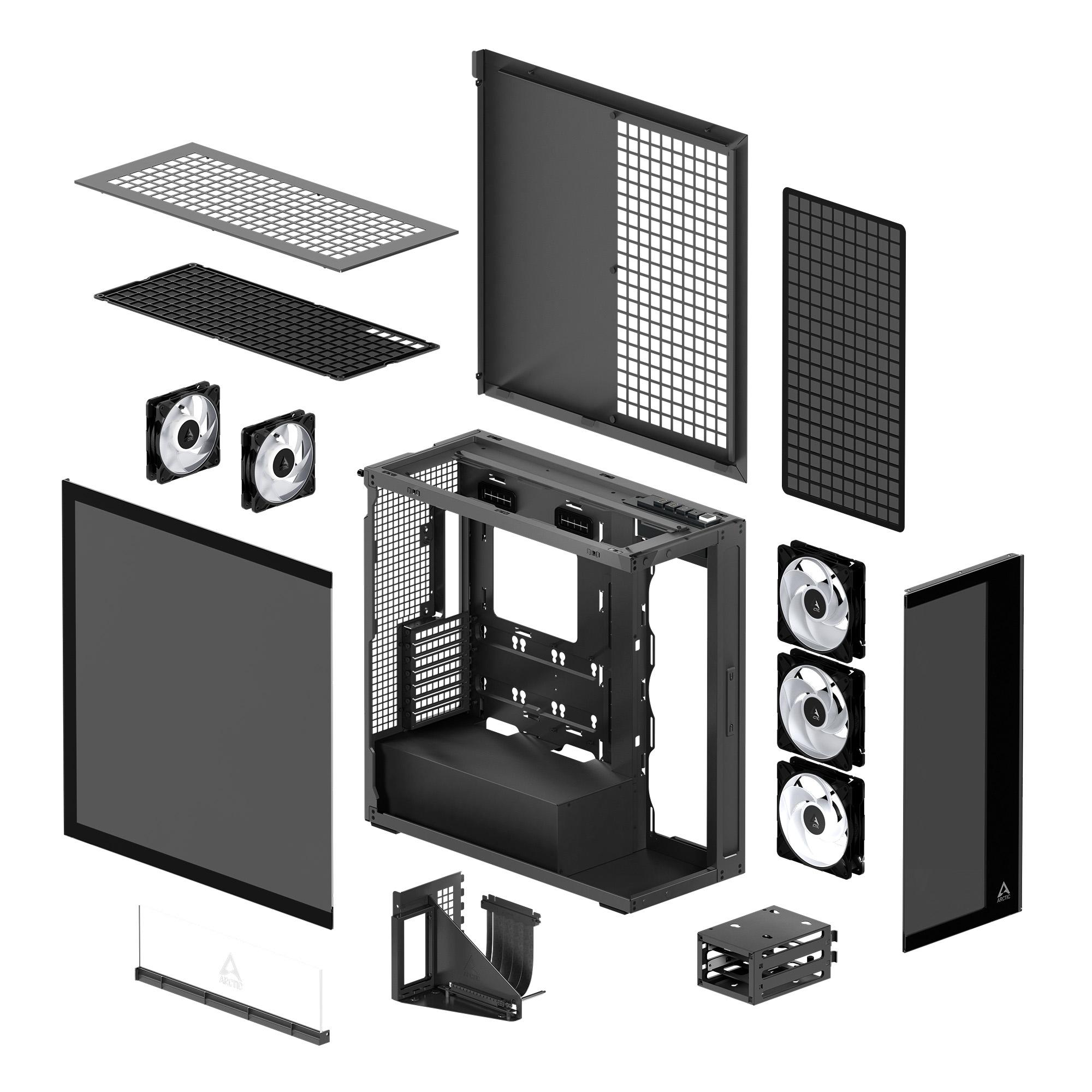 Кутия Arctic Xtender VG Black Mid-Tower ATX Case 5 x A-RGB Fans PCIe Gen 4 riser included - ACPCC00016A