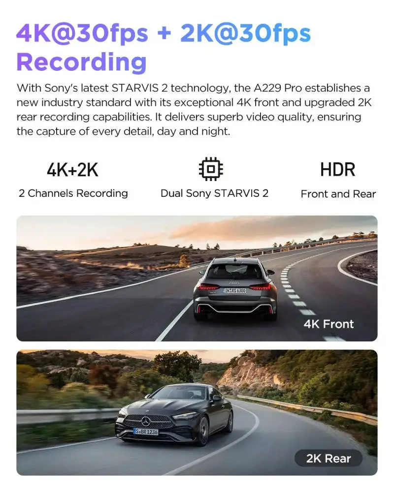 VIOFO Видеорегистратор Dash Cam A229 Pro 2 Channel - 4K, HDR, Dual Sony STARVIS 2, GPS, Bluetooth