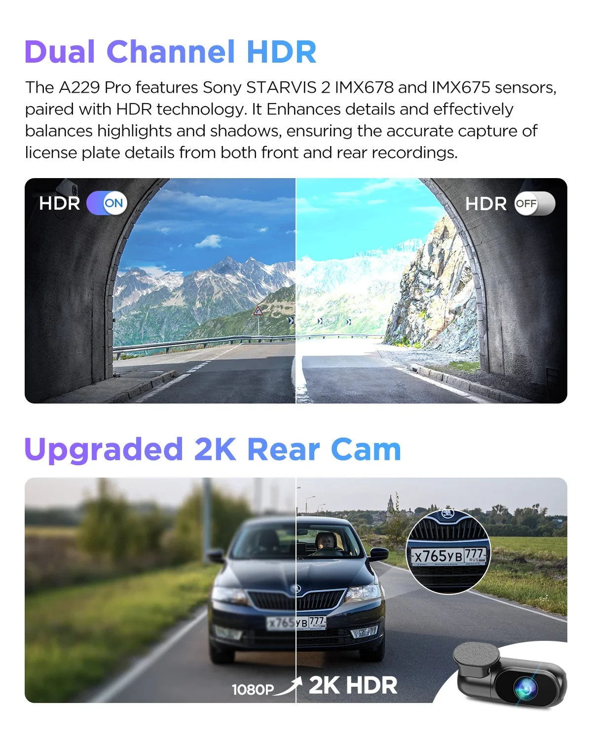 VIOFO Caméra de tableau de bord A229 Pro 2 Canaux - 4K, HDR, Dual Sony STARVIS 2, GPS, Bluetooth
