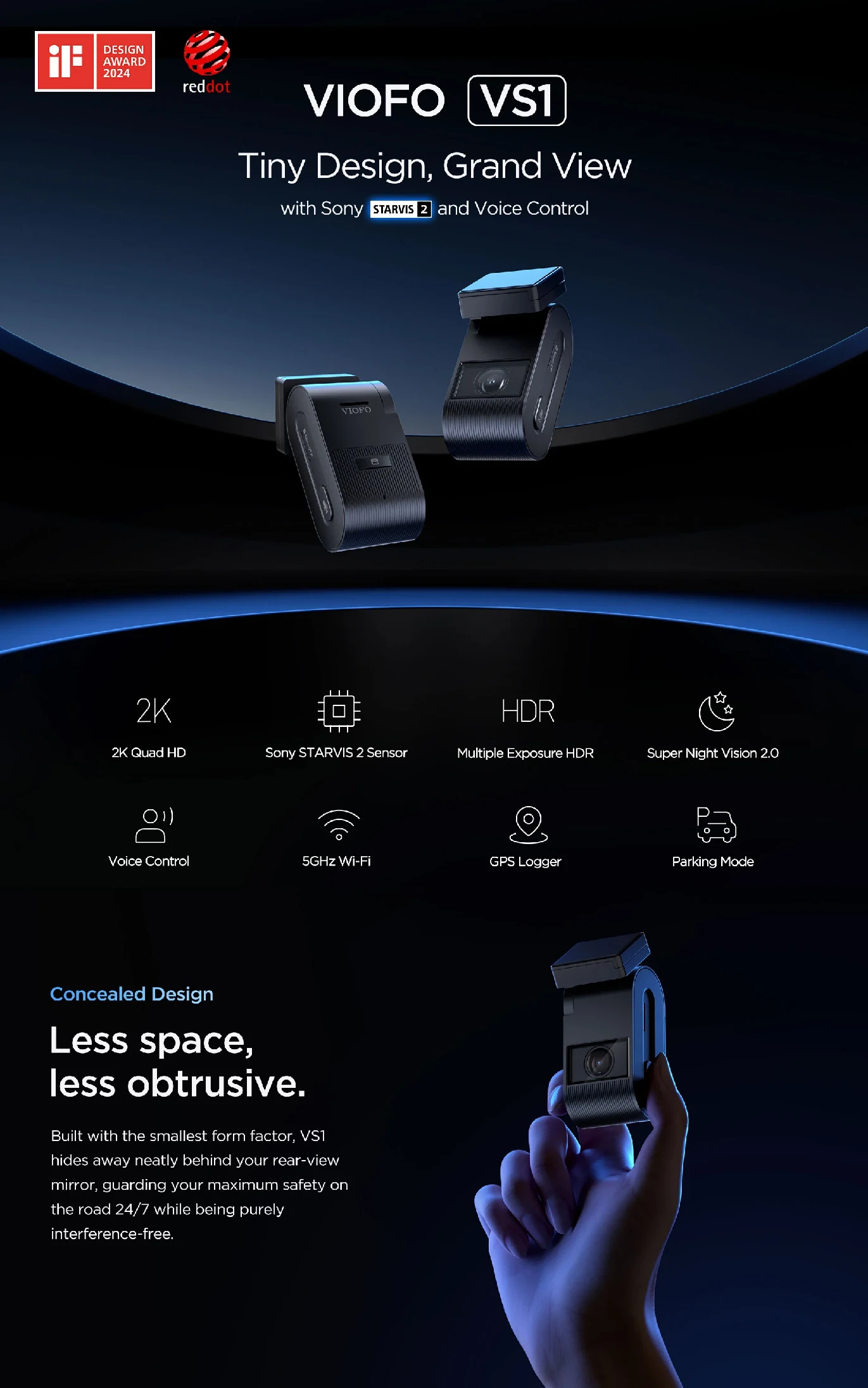 VIOFO Видеорегистратор Dash Cam VS1 - 2K, Sony STARVIS 2, 32GB SD Card Included, GPS, Bluetooth