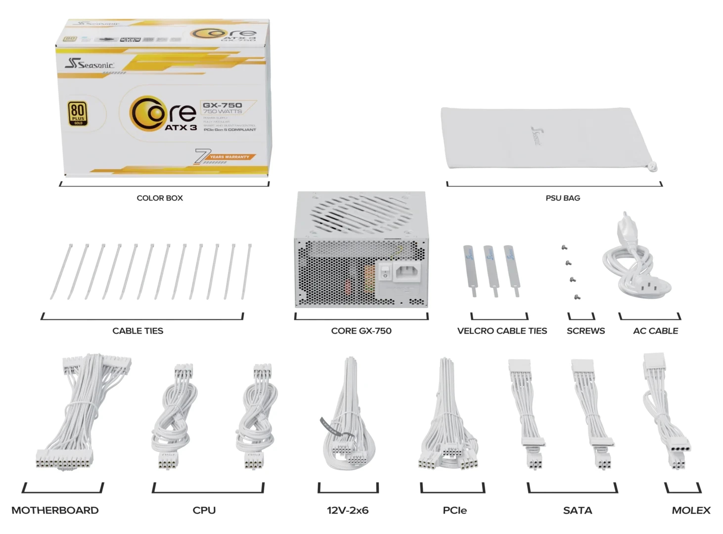 Захранване Seasonic CORE GX-750 V2 White PSU ATX 3.1 750W Gold Full Modular PCIe 5.1 - SRP-CGX751-A5A32SF-WH