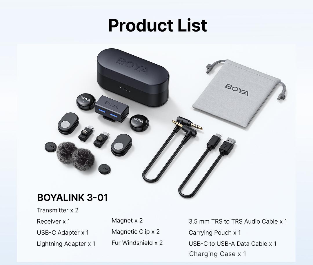 Sistem de microfoane wireless BOYA BOYALINK 3-01 cu lightning+USB-C +3.5mm TRS plug