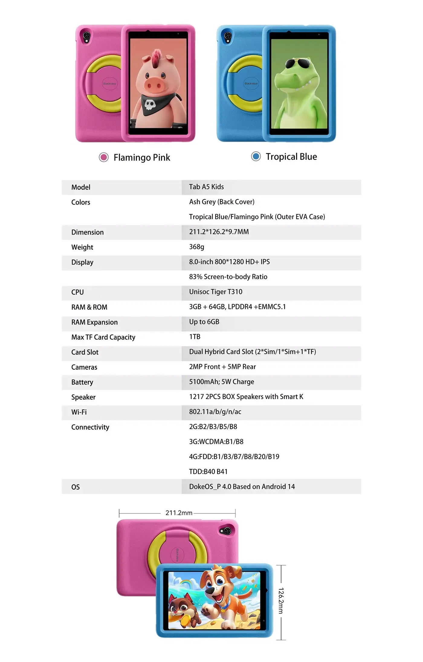 Таблет Blackview Tab A5 Kids 8.0" HD+ IPS, Unisoc T310, 3GB/64GB, 5MP/2MP, 5100mAh, 4G LTE, Android 14, Pink