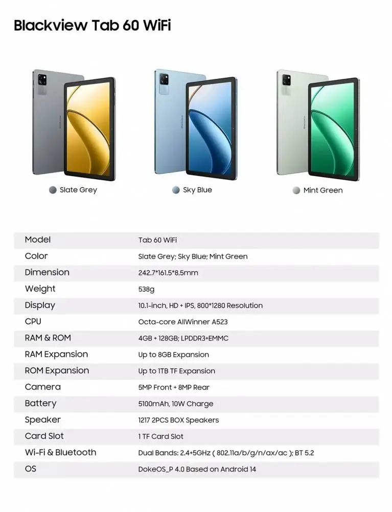 Таблет Blackview Tab 60 WiFi 10.1" HD+ IPS, A523 Octa-core 1.8GHz, 4GB/128GB, 8MP/5MP, 5100mAh, Android 14, Sky Blue