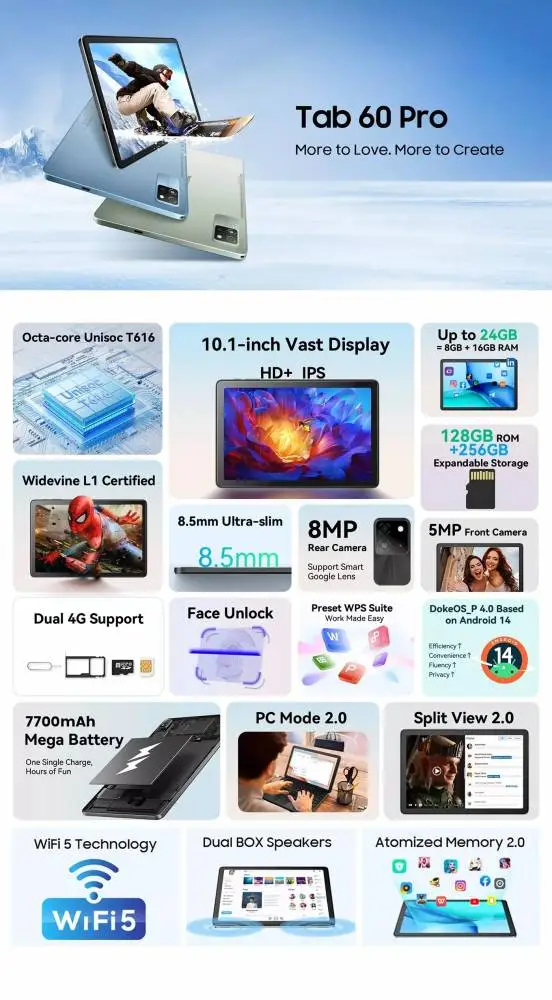 Таблет Blackview Tab 60 Pro 10.1" HD+, T606 Octa-core, 4GB/256GB, 8MP/5MP, 7,700 mAh, Android 15, Sunny Sky Blue