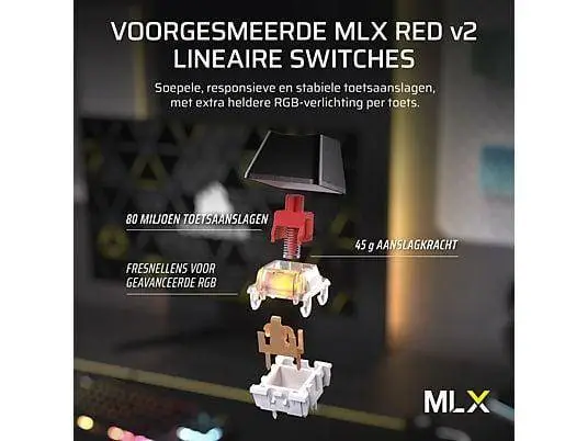 Геймърскa безжична/блутут механична клавиатура Corsair K70 CORE TKL RGB, Corsair MLX Red суич