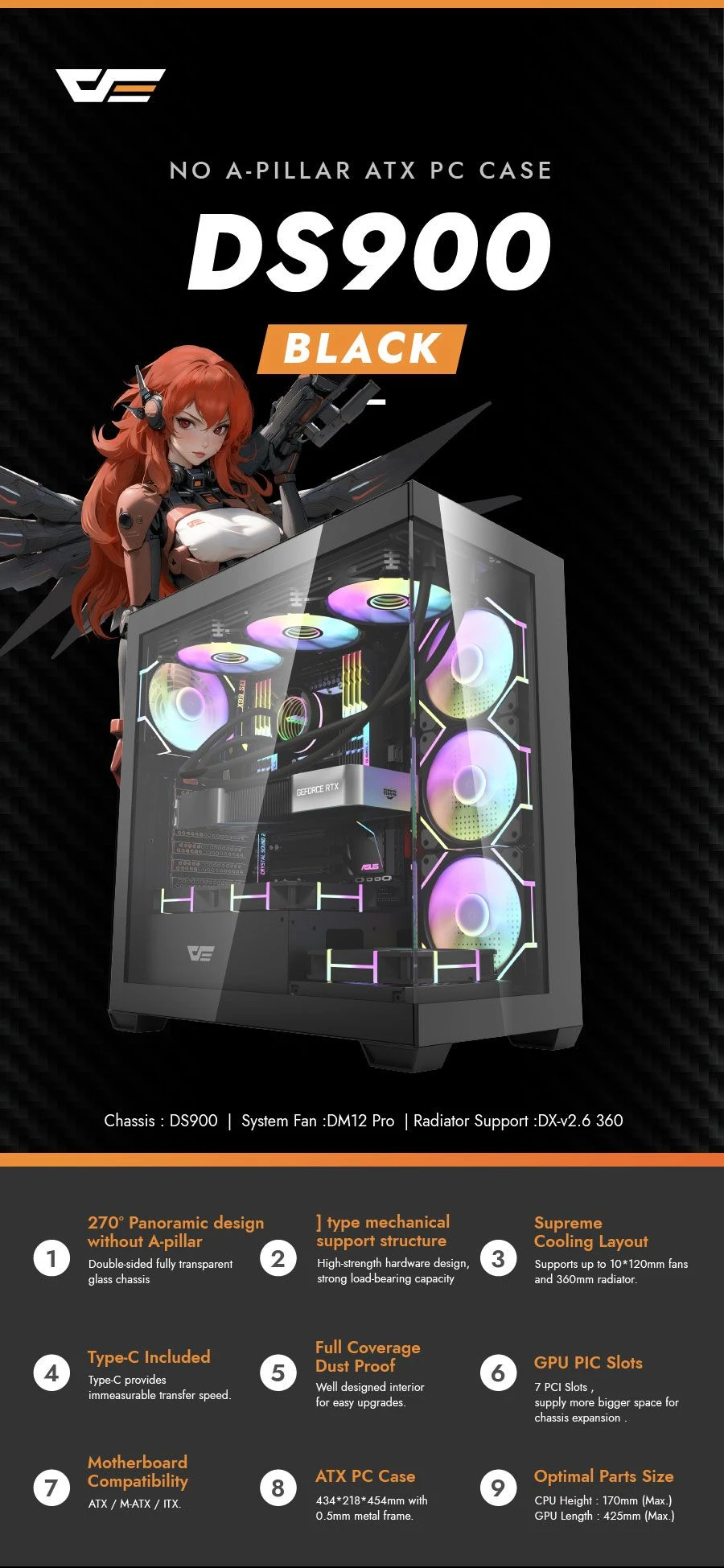 Кутия Darkflash DS900 Black 7 x 120 mm A-RGB, USB-C, ATX Case