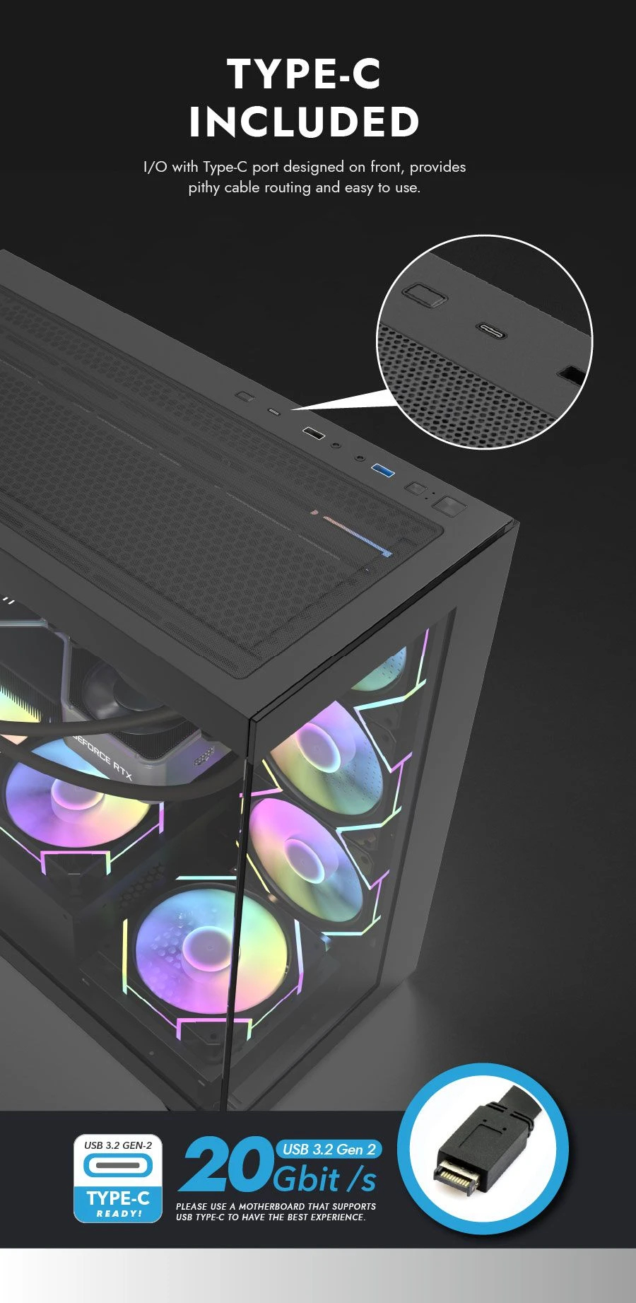 Кутия Darkflash DS900 Black 7 x 120 mm A-RGB, USB-C, ATX Case