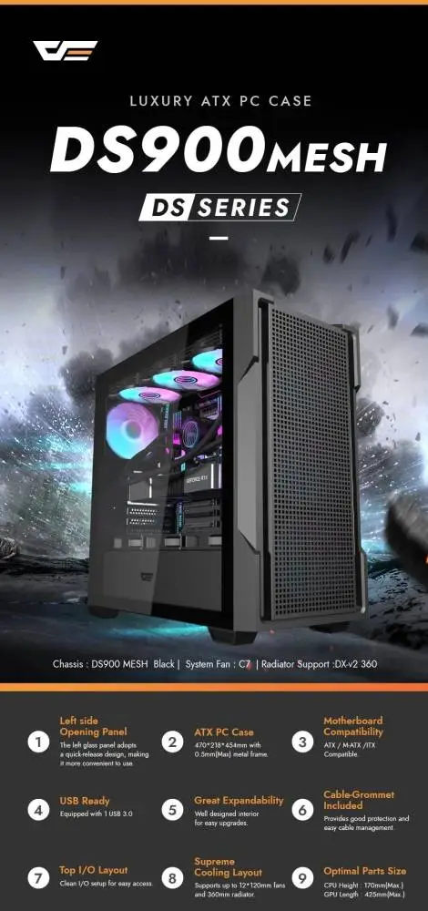 Кутия Darkflash DS900 Mesh Black 4 x 120 mm A-RGB fans included ATX Case