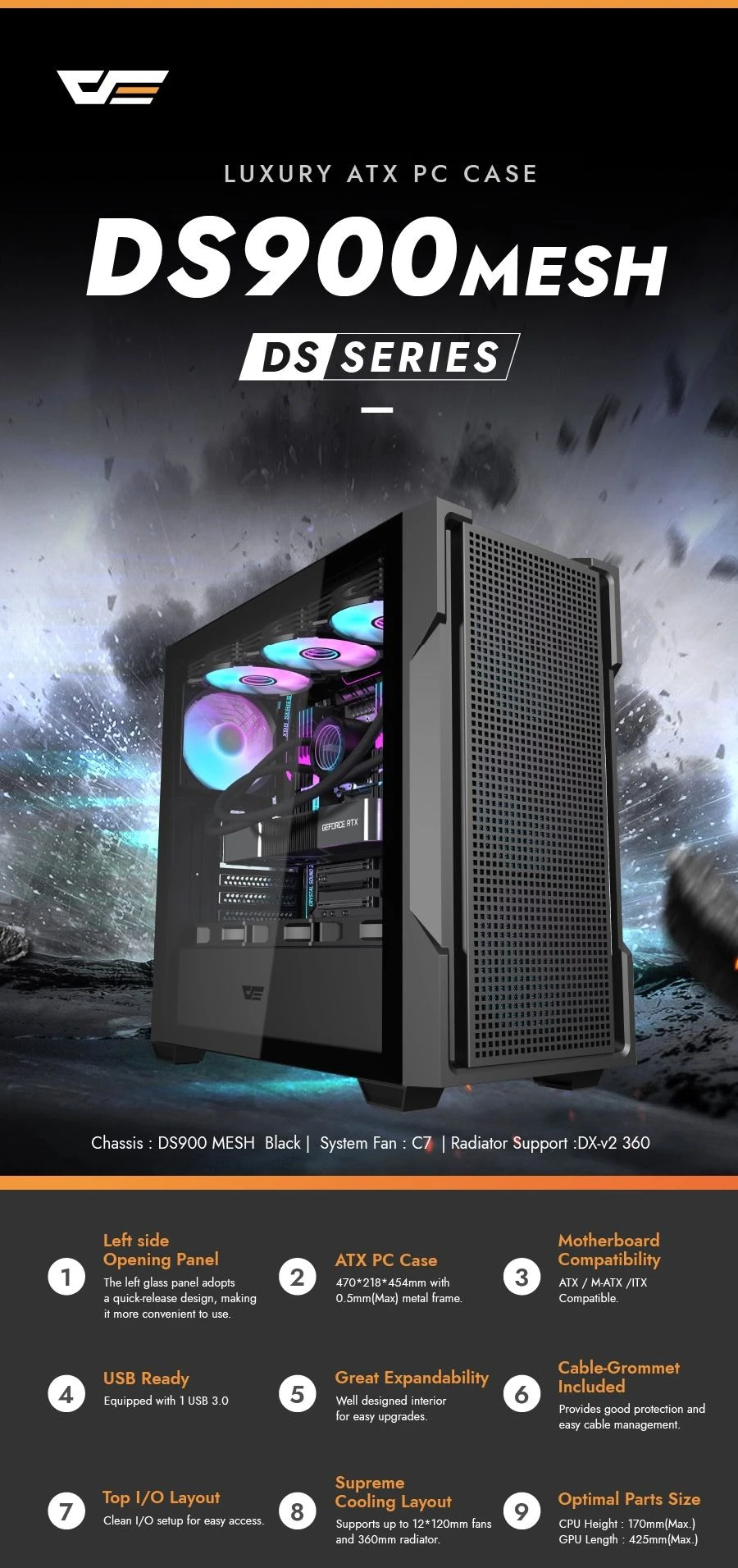 Кутия Darkflash DS900 Mesh Black 4 x 120 mm A-RGB fans included ATX Case