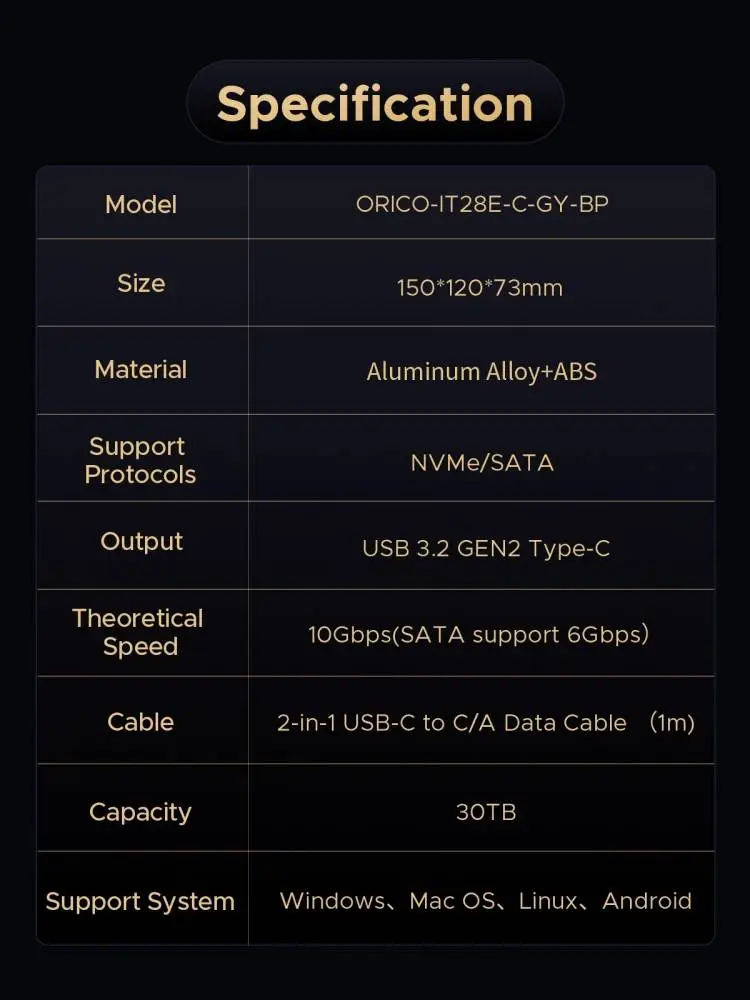 Orico докинг станция Storage - HDD/M.2 Dock - 2 BAY Offline Clone 2.5/3.5/M.2 NVMe USB-C/USB-A - IT28E-C-EU-GY